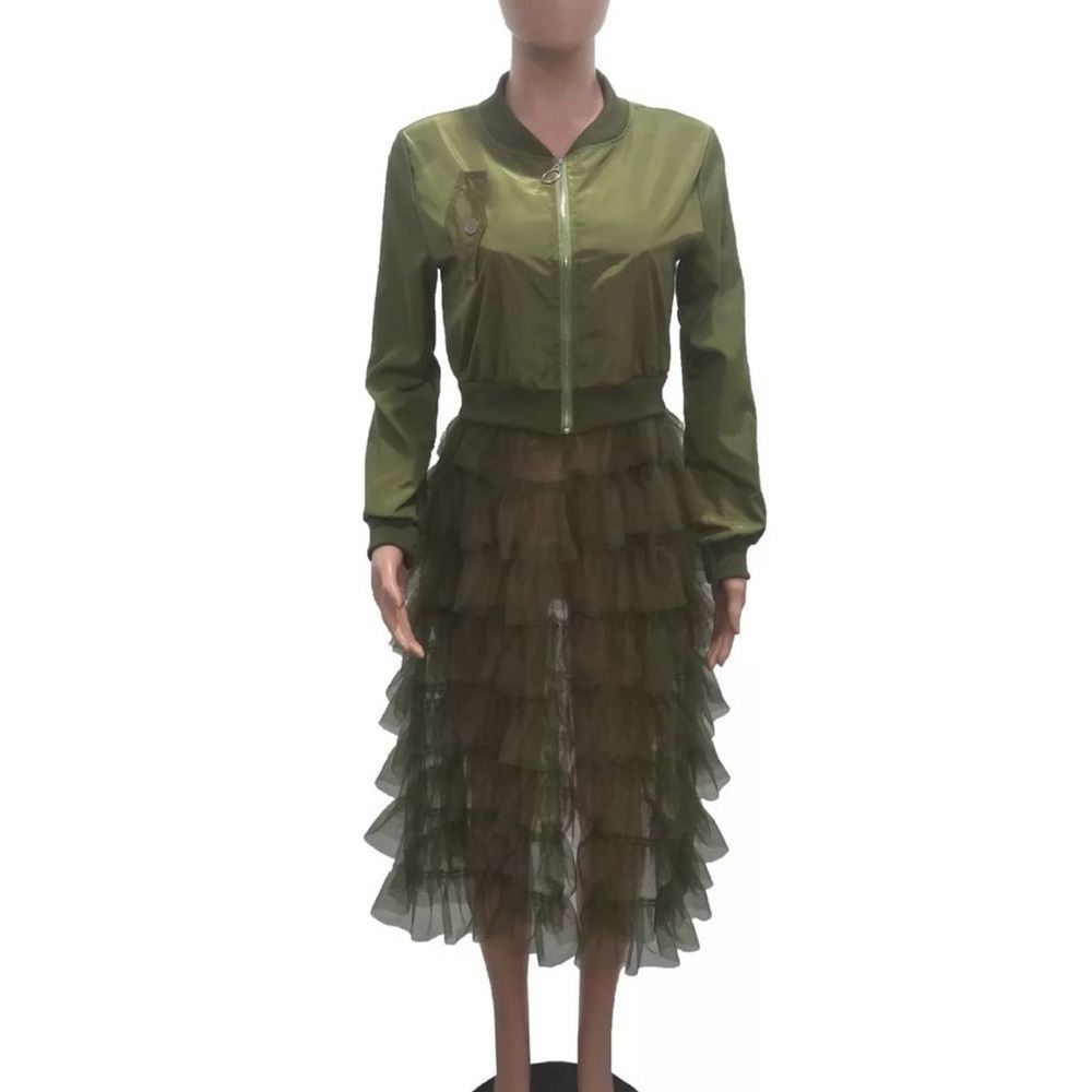 NWT Spring latest fashion dress mesh ruffle zip long jacket- Green 1X/Large - Picture 3 of 4